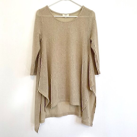 UMGEE Gold / Tan Open Weave Knit Asymmetrical Sharkbite Hem 3/4 Sleeve Tunic Top - Picture 2 of 12
